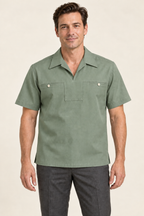 AI design preview: sage green version of the same stepped-yoke short-sleeve mens pullover shirt