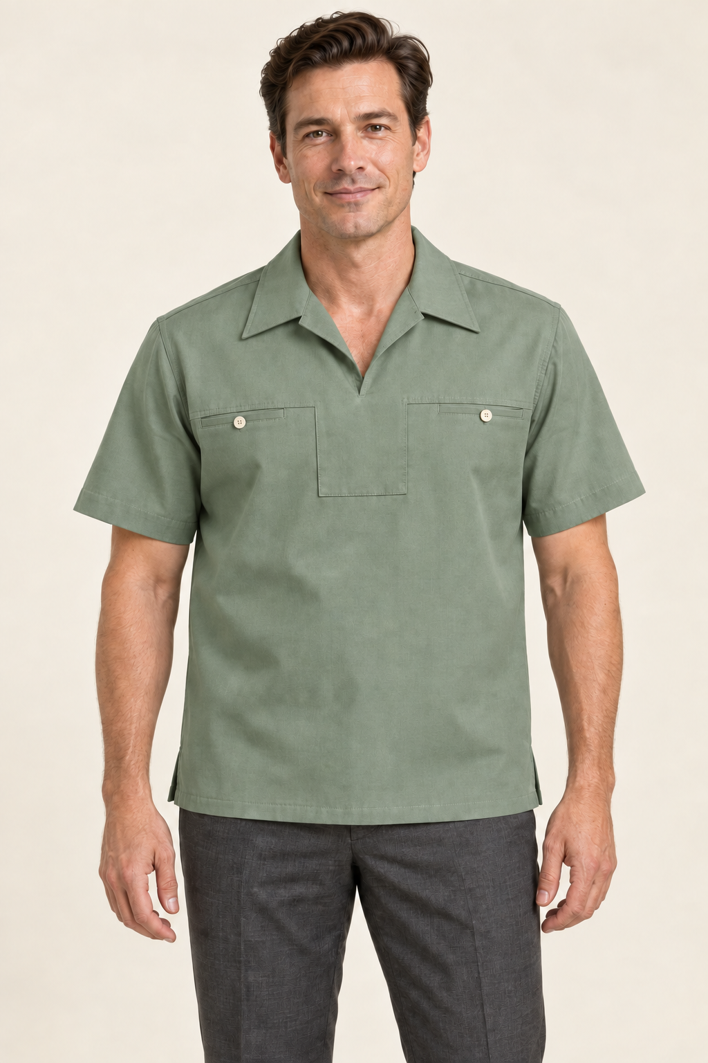 AI design preview: sage green version of the same stepped-yoke short-sleeve mens pullover shirt
