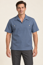 AI design preview: slate blue short-sleeve mens pullover shirt with an open V collar and stepped chest-yoke pocket openings