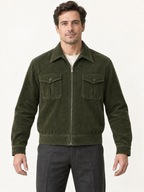 AI design preview: muted olive color of the same zip-front lumber jacket with central chest-pocket pleats
