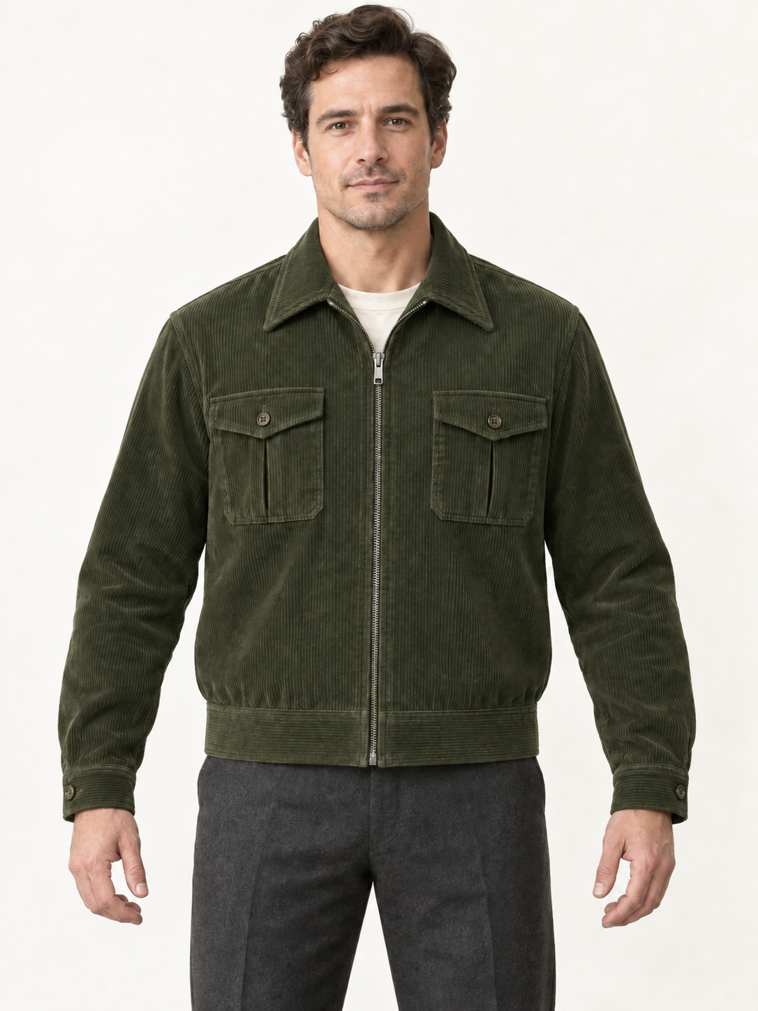 AI design preview: muted olive color of the same zip-front lumber jacket with central chest-pocket pleats