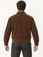 AI design preview: rear of the walnut lumber jacket showing a plain back without a yoke and a woven waistband