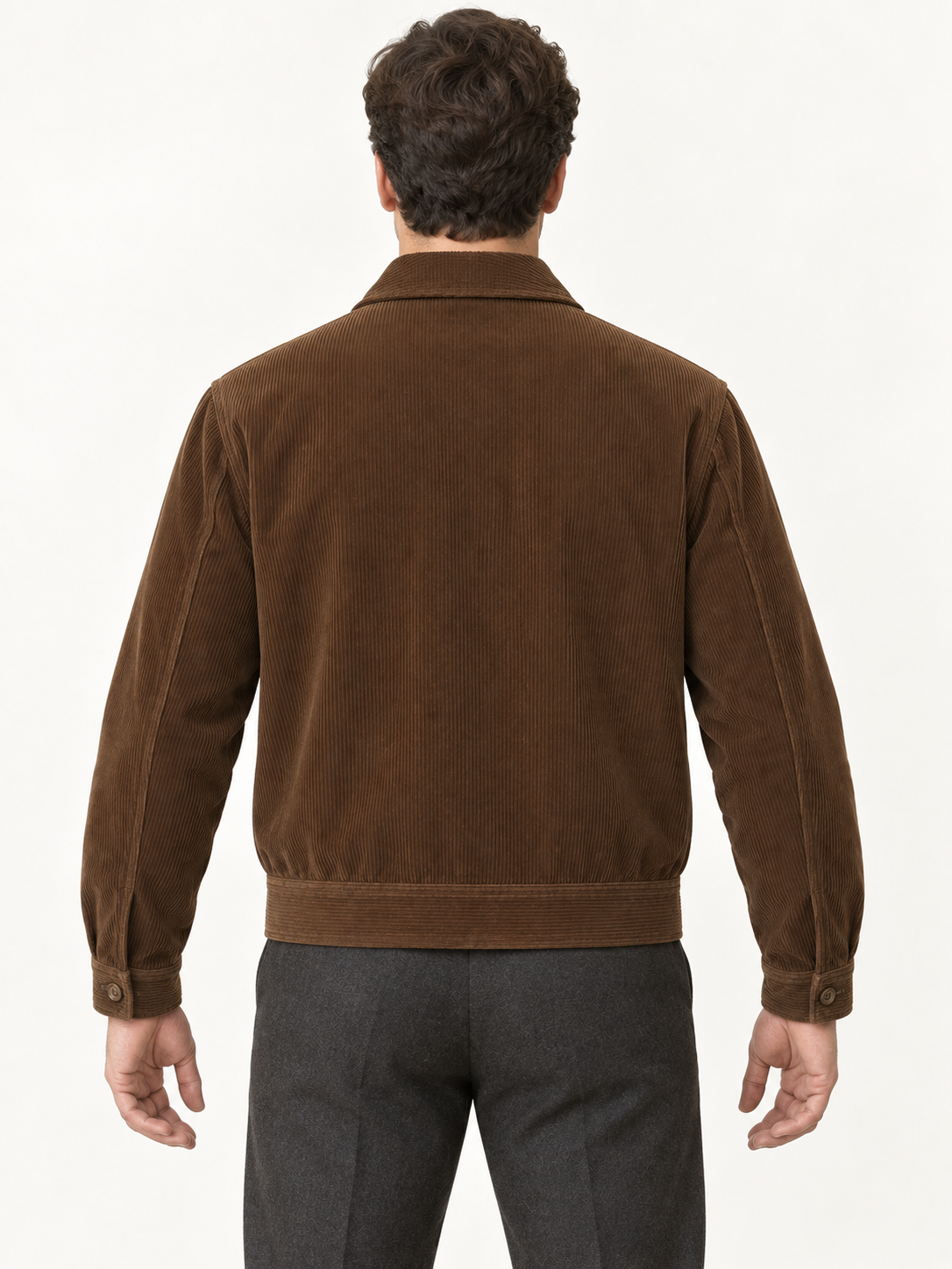 AI design preview: rear of the walnut lumber jacket showing a plain back without a yoke and a woven waistband
