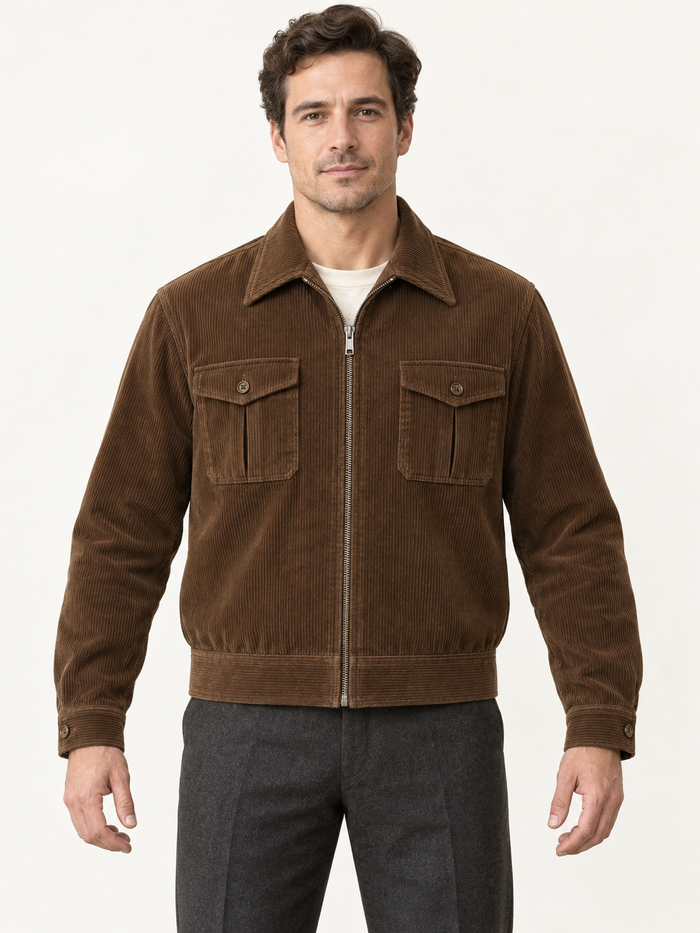 AI design preview: walnut men's zip-front lumber jacket with pointed collar, pleated flap chest pockets and woven waist and wrist bands