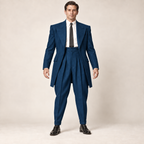 AI design preview: petroleum blue version of the same long-jacket and high-waisted peg-top trouser zoot suit