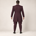 AI design preview: plum zoot suit rear with a shaped long jacket, deep center vent and tapered cuffed trousers