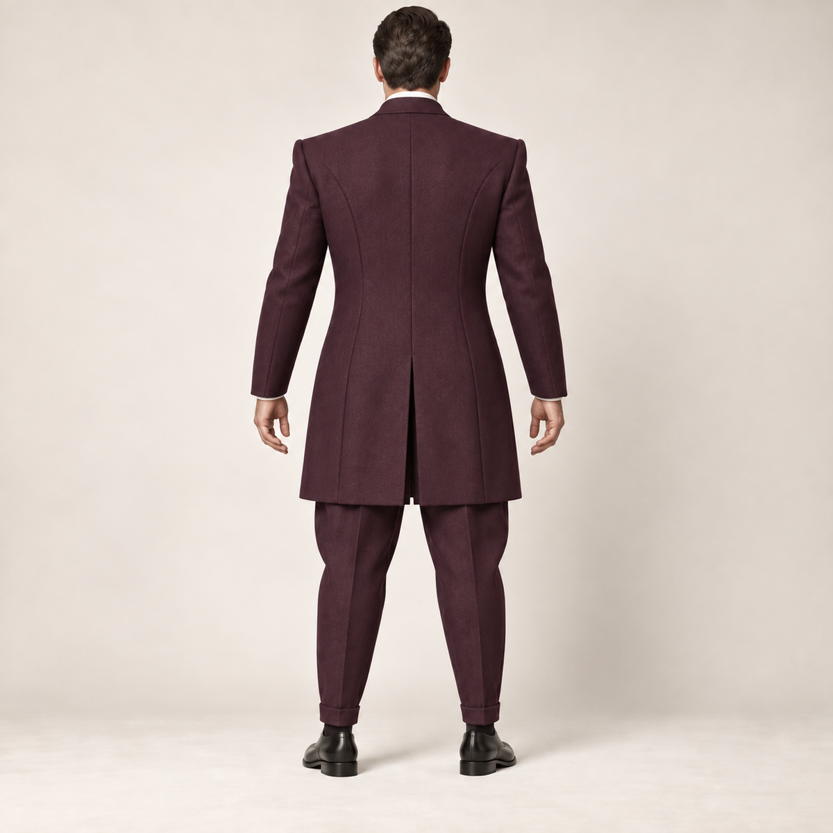 AI design preview: plum zoot suit rear with a shaped long jacket, deep center vent and tapered cuffed trousers