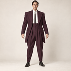 AI design preview: plum men’s zoot suit with long peaked-lapel jacket and high-waisted pleated trousers tapering to cuffed ankles