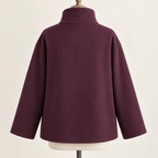 AI design preview: plum funnel-neck jacket back with tall collar, plain loose hip-length body and dropped long sleeves