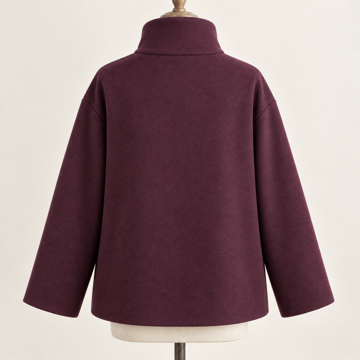 AI design preview: plum funnel-neck jacket back with tall collar, plain loose hip-length body and dropped long sleeves