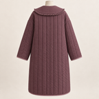 AI design preview: mulberry quilted coat back with a broad round ruffle-edged collar, plain long body and vertical quilting channels