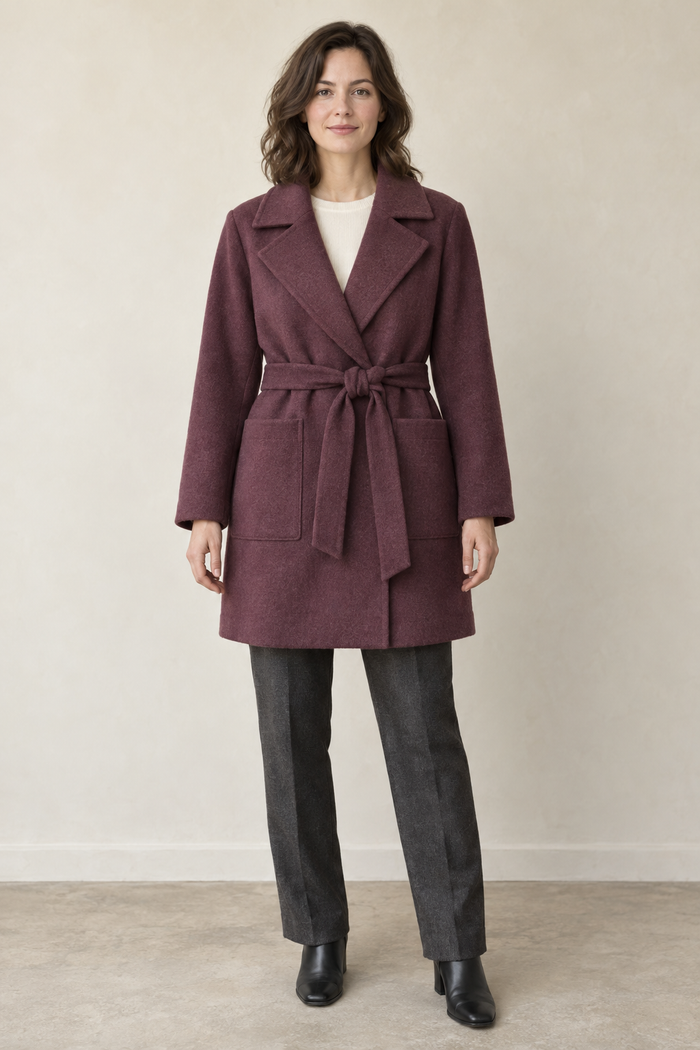 AI design preview: adult woman wearing a muted mulberry belted short wrap coat with broad notched lapels and two rectangular front patch pockets