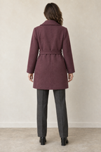 AI design preview: rear of the same mulberry short coat with a matching waist sash, center-back seam and plain closed hem