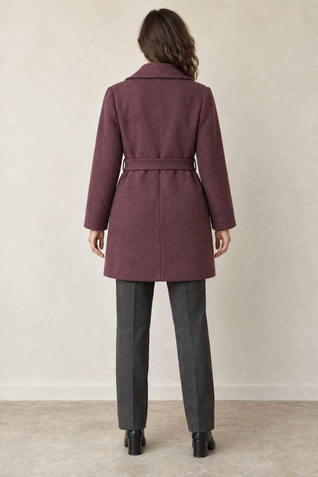 AI design preview: rear of the same mulberry short coat with a matching waist sash, center-back seam and plain closed hem