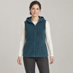 AI design preview: adult woman wearing a petrol-teal hooded zip fleece vest with curved-entry pockets, front view