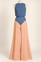 AI back preview of the beach pajama set with plain cropped bolero, pointed blue hip panel and peach wide legs