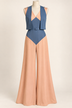 AI front preview of a blue-and-peach 1930s beach pajama jumpsuit with an open sleeveless bolero and wide divided legs