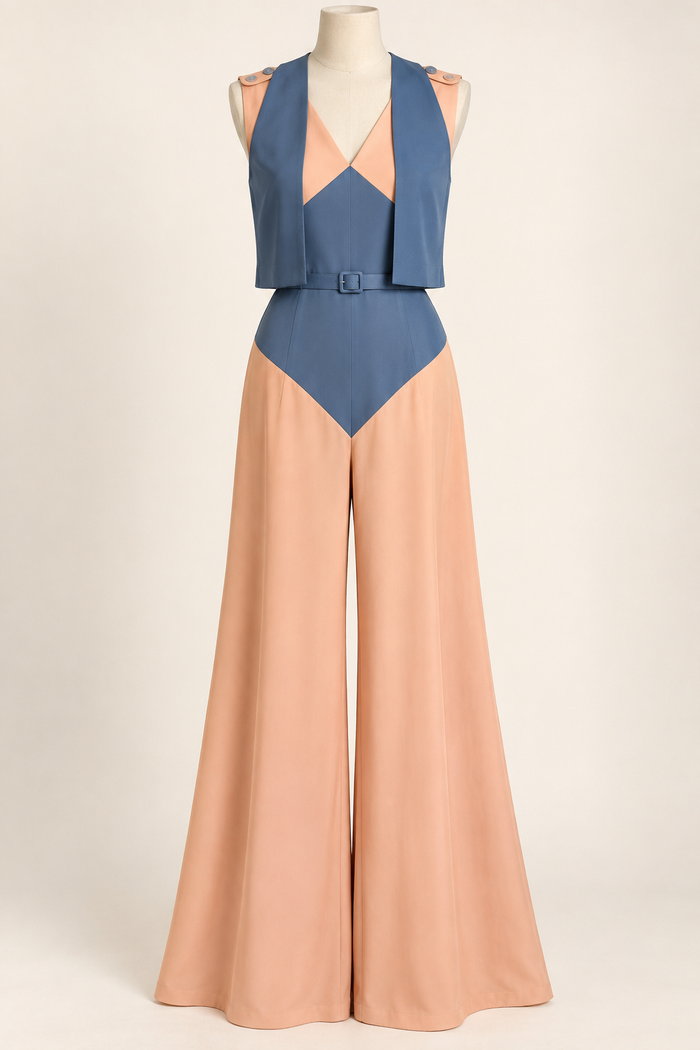 AI front preview of a blue-and-peach 1930s beach pajama jumpsuit with an open sleeveless bolero and wide divided legs