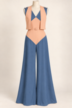 AI front preview of the same beach pajama and sleeveless bolero set with peach and marine-blue color placement reversed