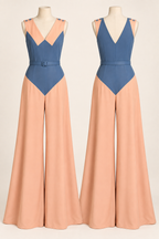 AI front and back design views of the beach pajama jumpsuit without its bolero, showing V necklines and shoulder buttons