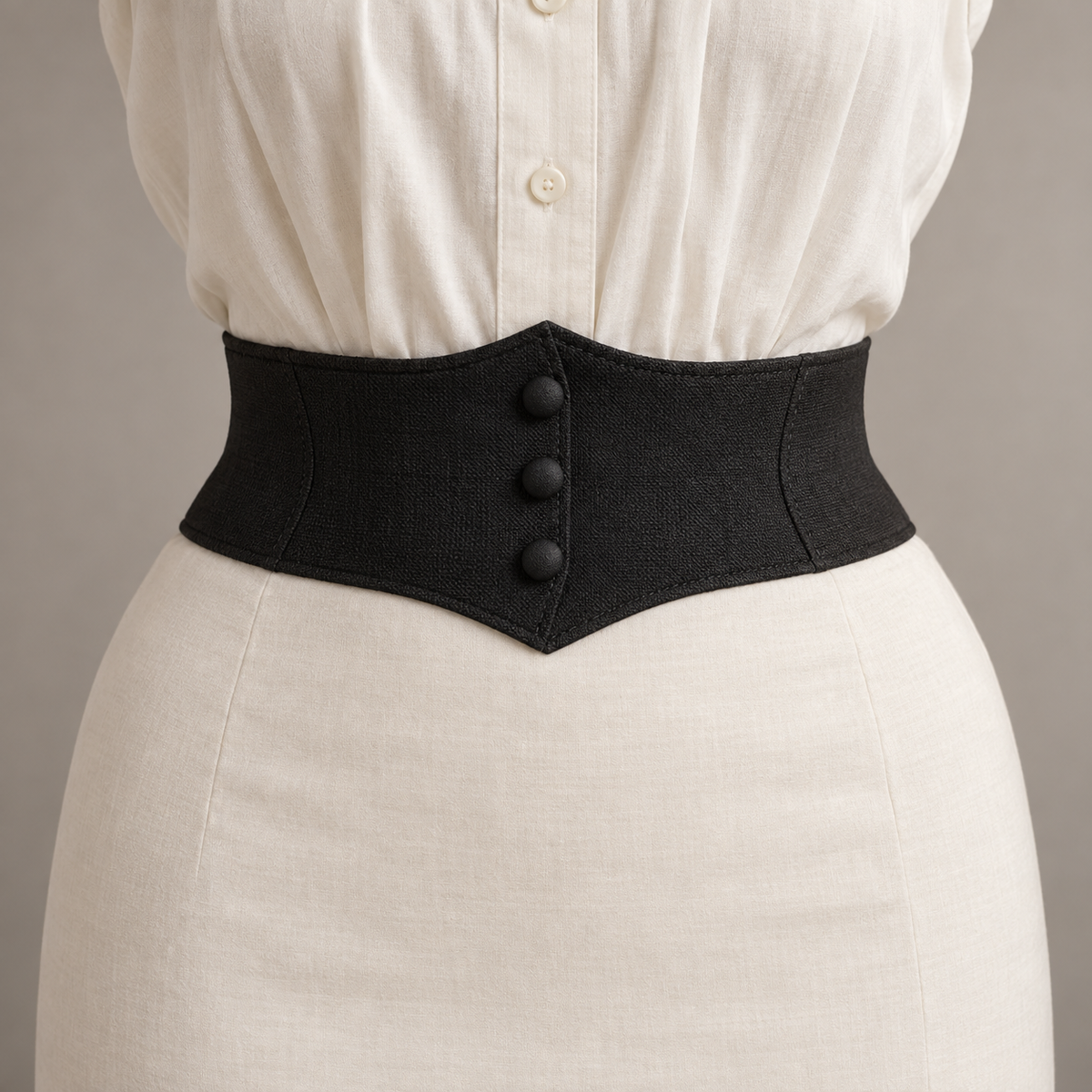AI design illustration of belt View A in black with pointed front contours and three covered buttons