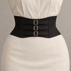 AI design illustration of belt View B with three stacked straps and rectangular silver-tone buckles