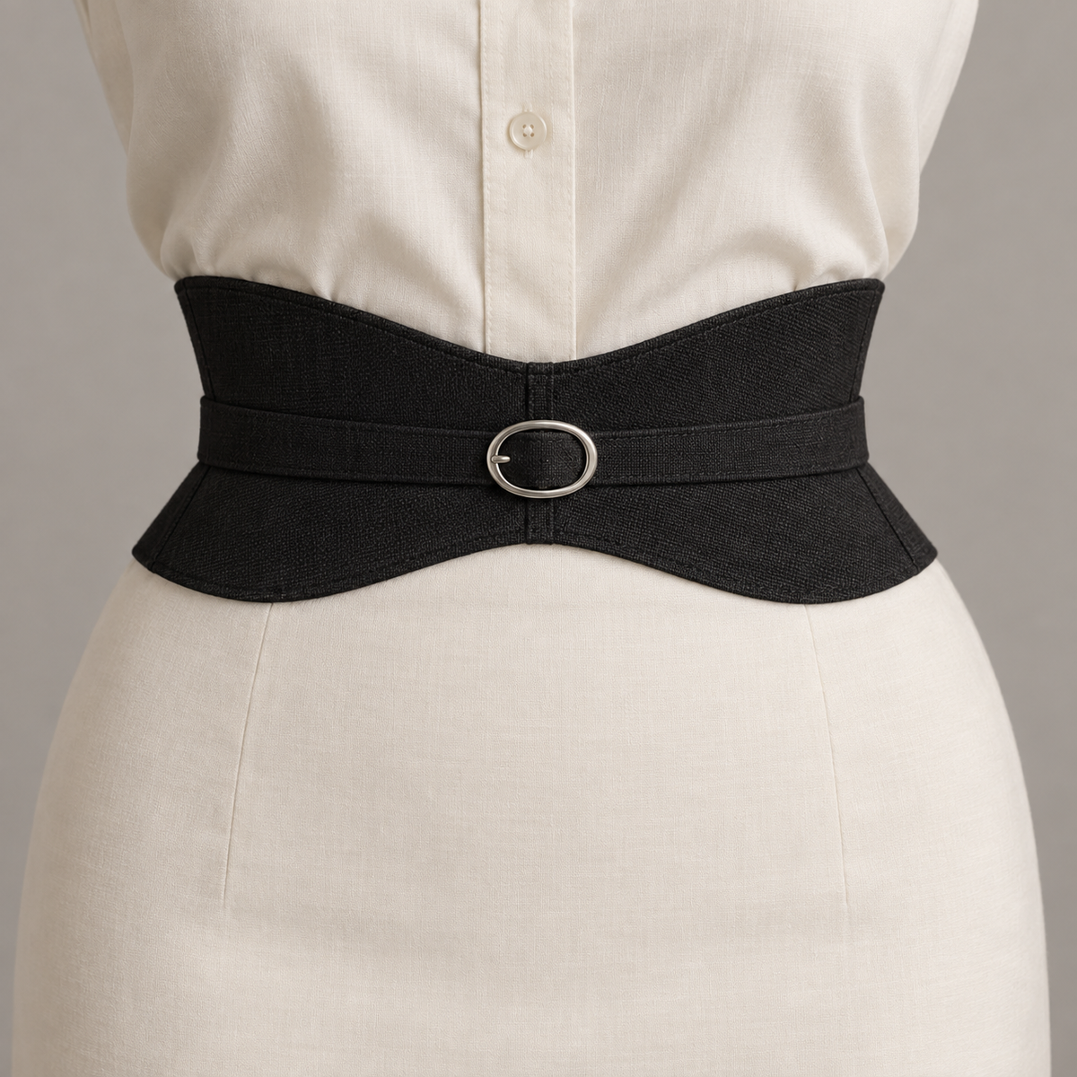 AI design illustration of belt View C with shaped wings and one narrow oval-buckle center strap