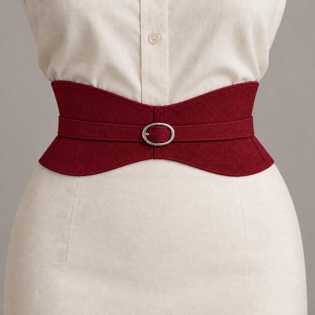 AI design illustration of the same View C shaped band and oval-buckle strap in garnet-red cloth