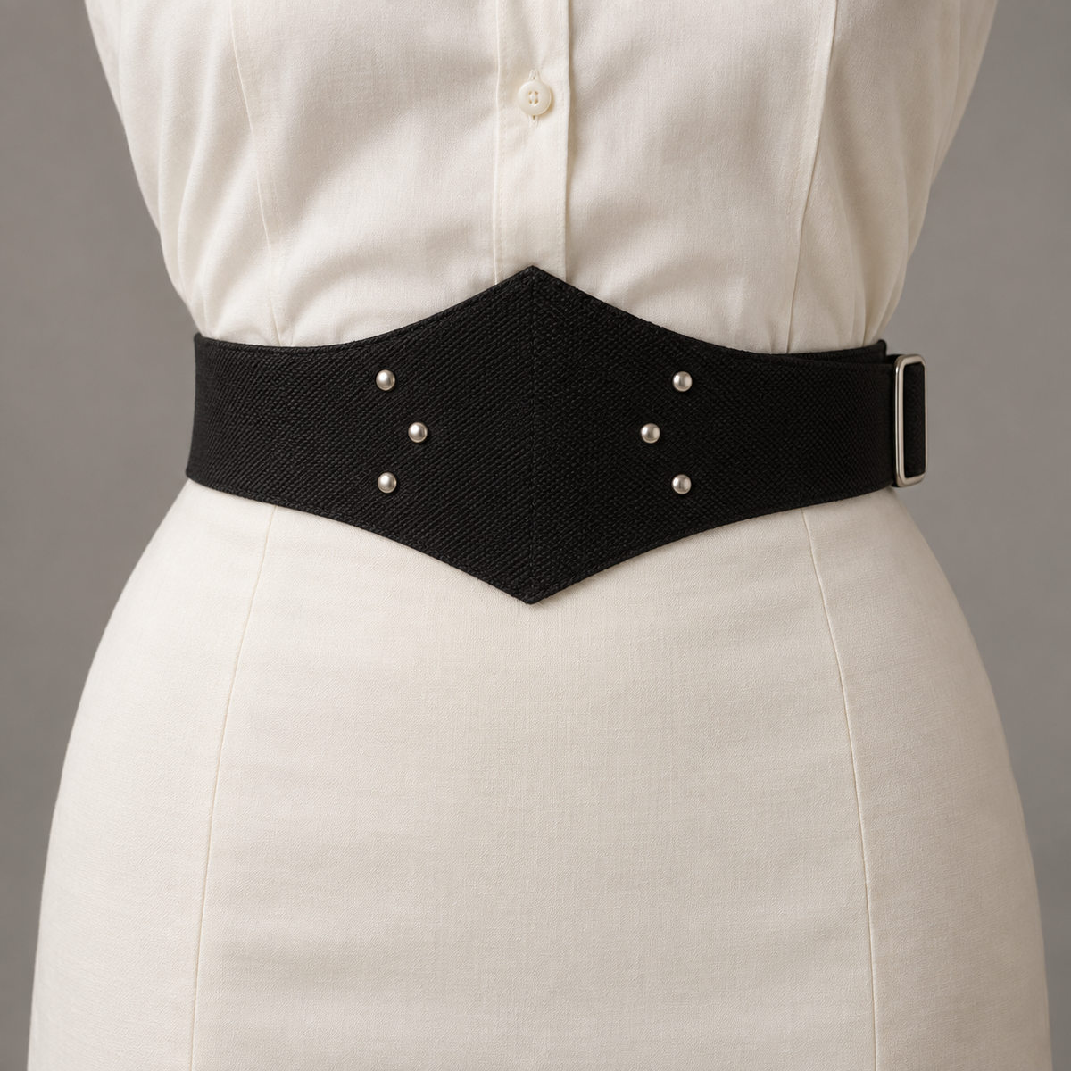 AI design illustration of belt View F with a studded diamond-shaped front and side buckle