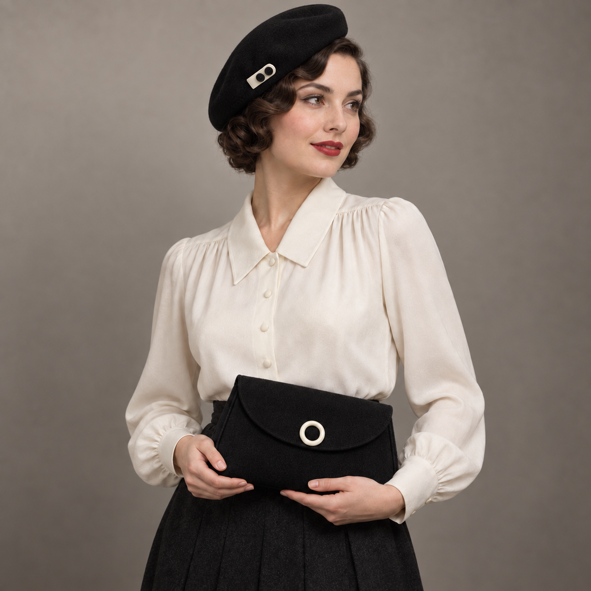 AI design illustration of the same compact beret and pochette in black with ivory tab and circular ornament
