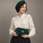 AI design illustration of a compact emerald beret with two-button side tab and a matching curved-flap pochette clutch