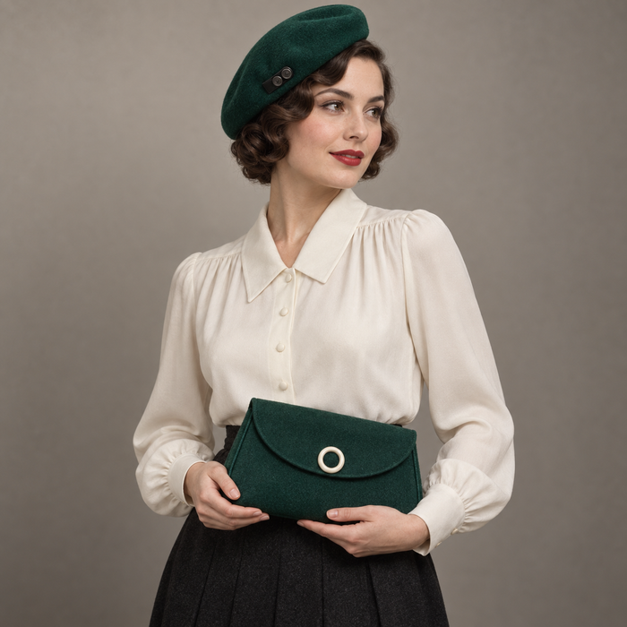 AI design illustration of a compact emerald beret with two-button side tab and a matching curved-flap pochette clutch