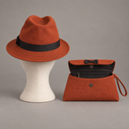 AI design illustration of the fedora's rear crown and stitched brim beside the open wristlet with lining and proposed zipper pocket