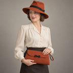 AI design illustration of a burnt-orange stitched-brim fedora and matching flap wristlet with black bows, coordinated front view