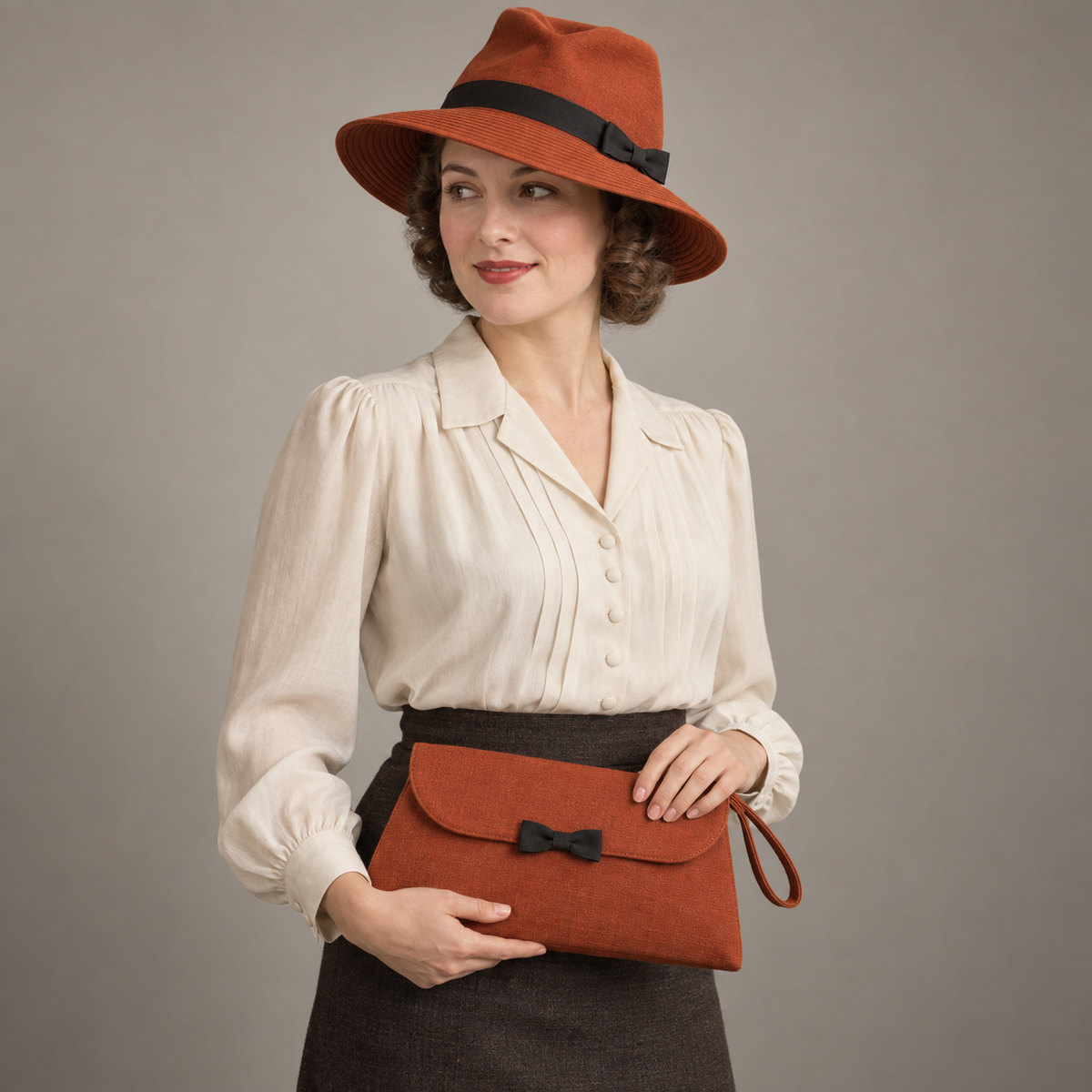 AI design illustration of a burnt-orange stitched-brim fedora and matching flap wristlet with black bows, coordinated front view