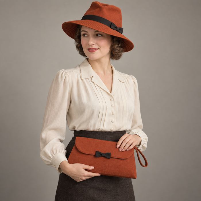 AI design illustration of a burnt-orange stitched-brim fedora and matching flap wristlet with black bows, coordinated front view