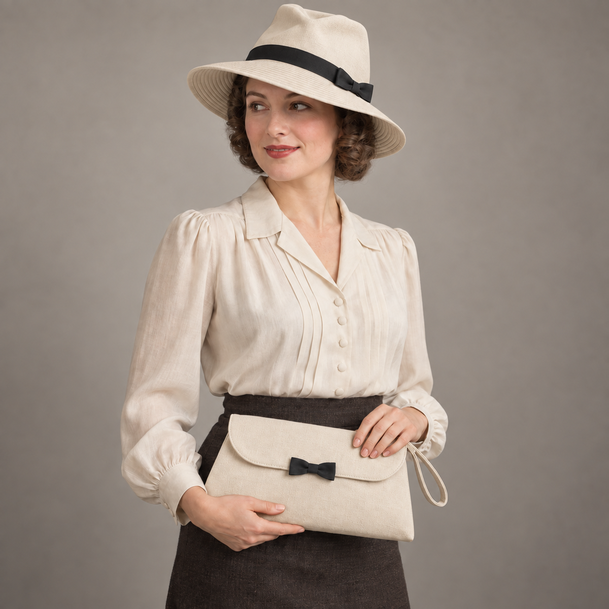 AI design illustration of the same fedora and wristlet set in warm ivory with black ribbon and bow details