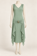 AI design concept: celadon sleeveless V-neck view of the flounce-panel dress with oval front buckle.