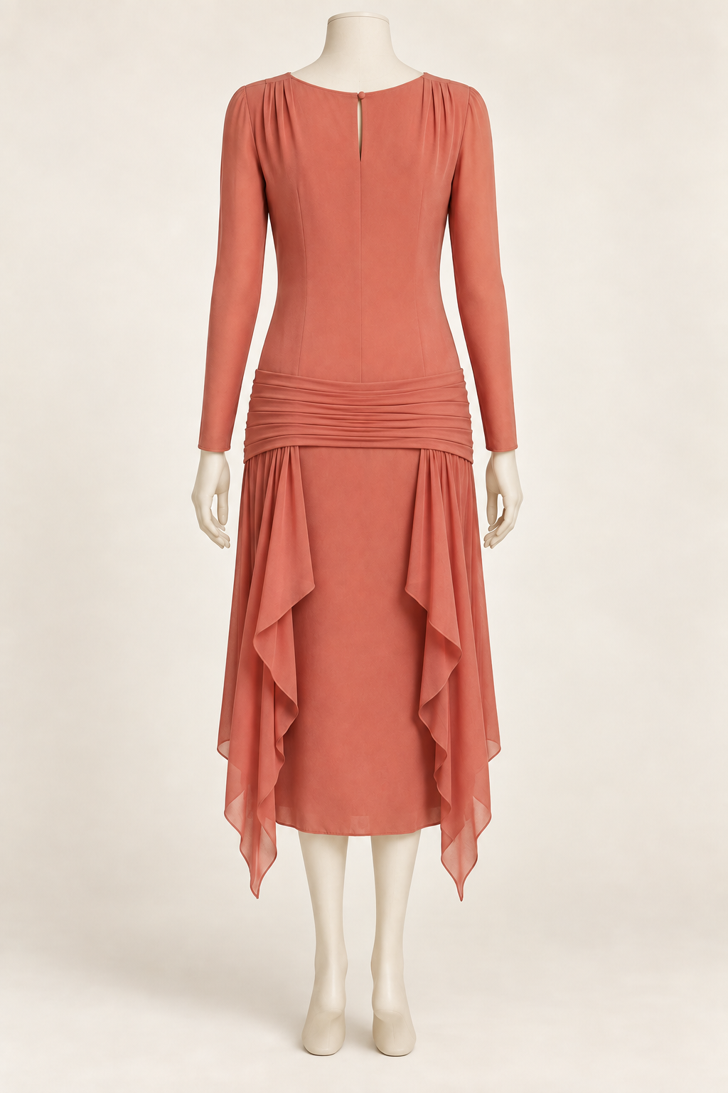 AI design concept: coral dress with pleated back girdle and two pointed floating panels, rear view.