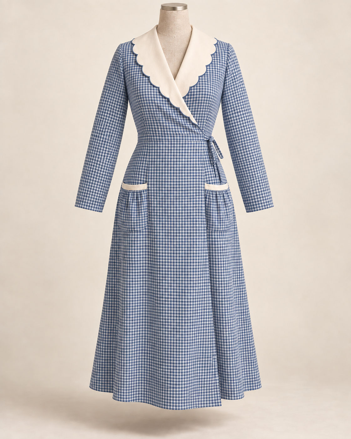 AI design preview of an indigo-check Hooverette house dress with long sleeves, scalloped ivory collar and gathered pockets