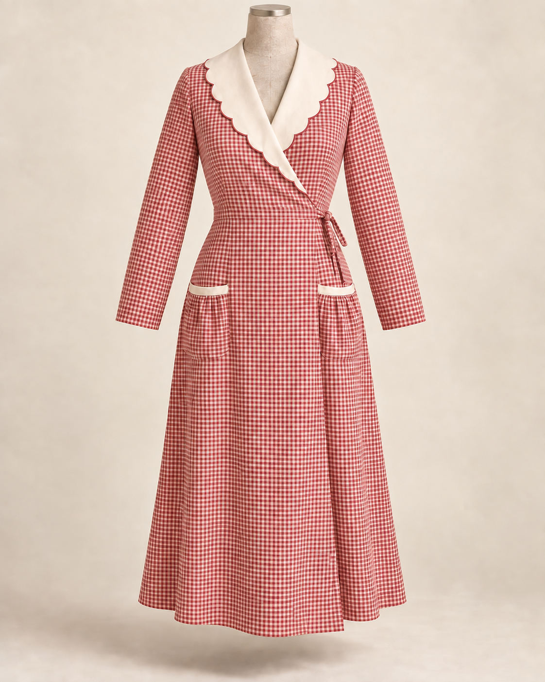 AI front preview of the same long-sleeve Hooverette cut in madder-red fine check