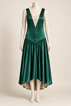 AI design concept, View A: jade robe de style dress with champagne vestee and rounded high-low skirt, front.