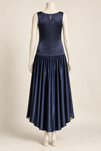 AI design concept, View A: navy robe de style dress with round back neckline and longer rounded rear hem.