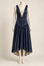 AI design concept, View A: navy robe de style dress with champagne vestee, single front point and rounded high-low hem.