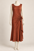AI design concept: sleeveless burnt-copper side-drape dress with the same diagonal seam and long side sash.