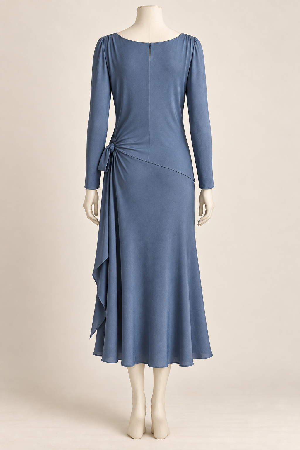 AI design concept: steel-blue side-drape dress showing sloping back hip seam and side sash.
