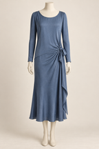 AI design concept: steel-blue side-drape dress with diagonal hip seam, left-side bow and long sleeves, front.