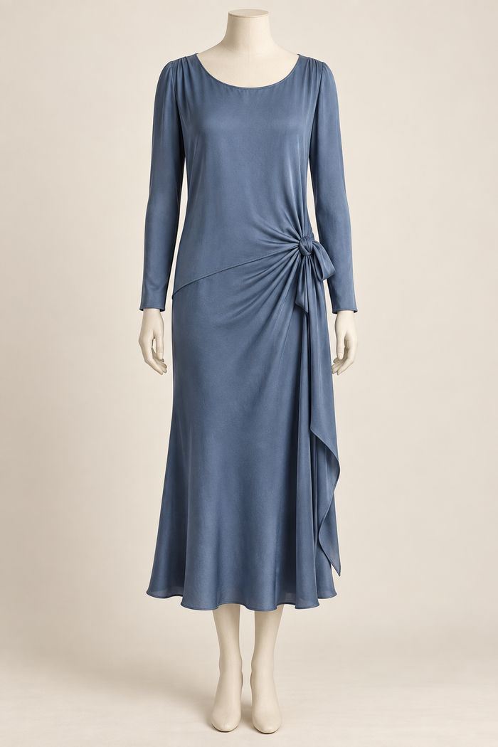 AI design concept: steel-blue side-drape dress with diagonal hip seam, left-side bow and long sleeves, front.