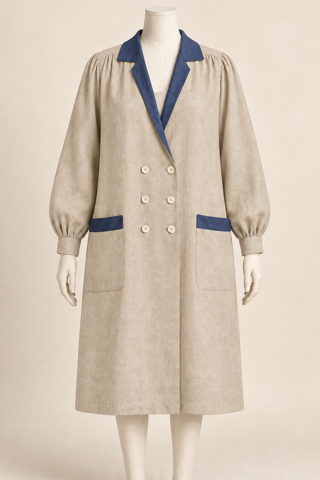 AI design concept: natural flax artist smock coat with indigo lapels and pocket bands, front.