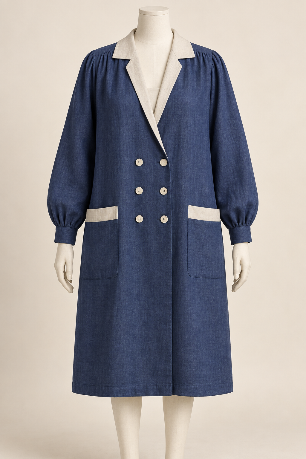 AI design concept: indigo artist smock coat with ecru notched lapels, six front buttons and two patch pockets.